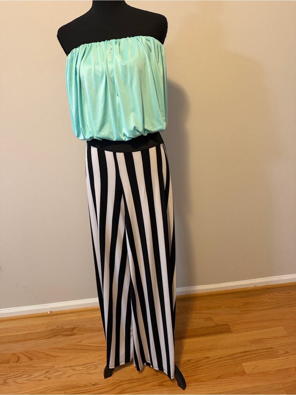 Mint Strapless Top Jumpsuit with Black & White Striped Palazzo Pants
